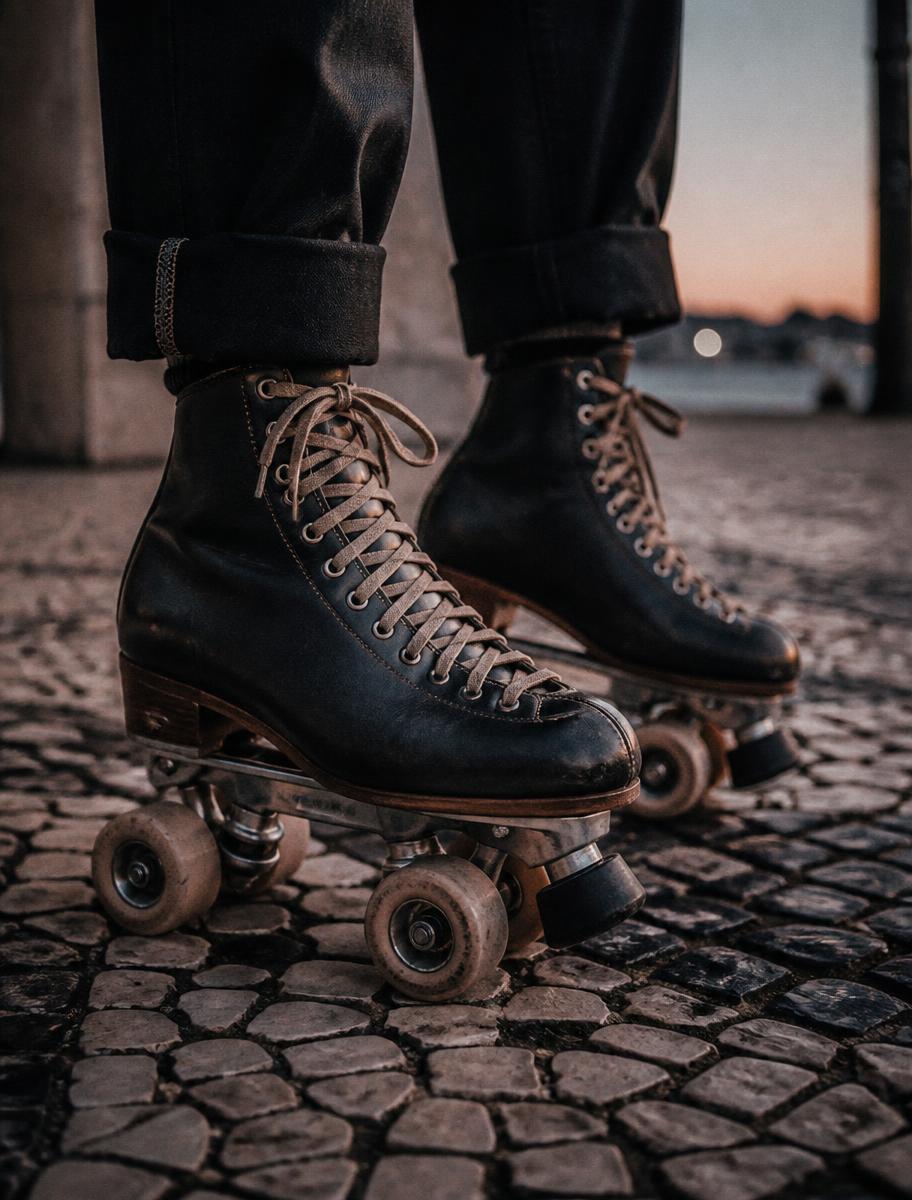 Roller skates on Portuguese cobblestone pavement at dusk